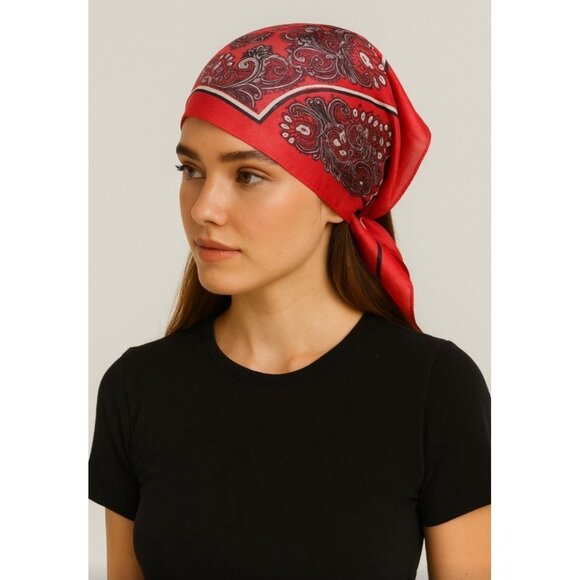 Silk Scarf 27x27 | Red Paisley Print | Square Neck or Hair Accessory - Picture 6 of 6